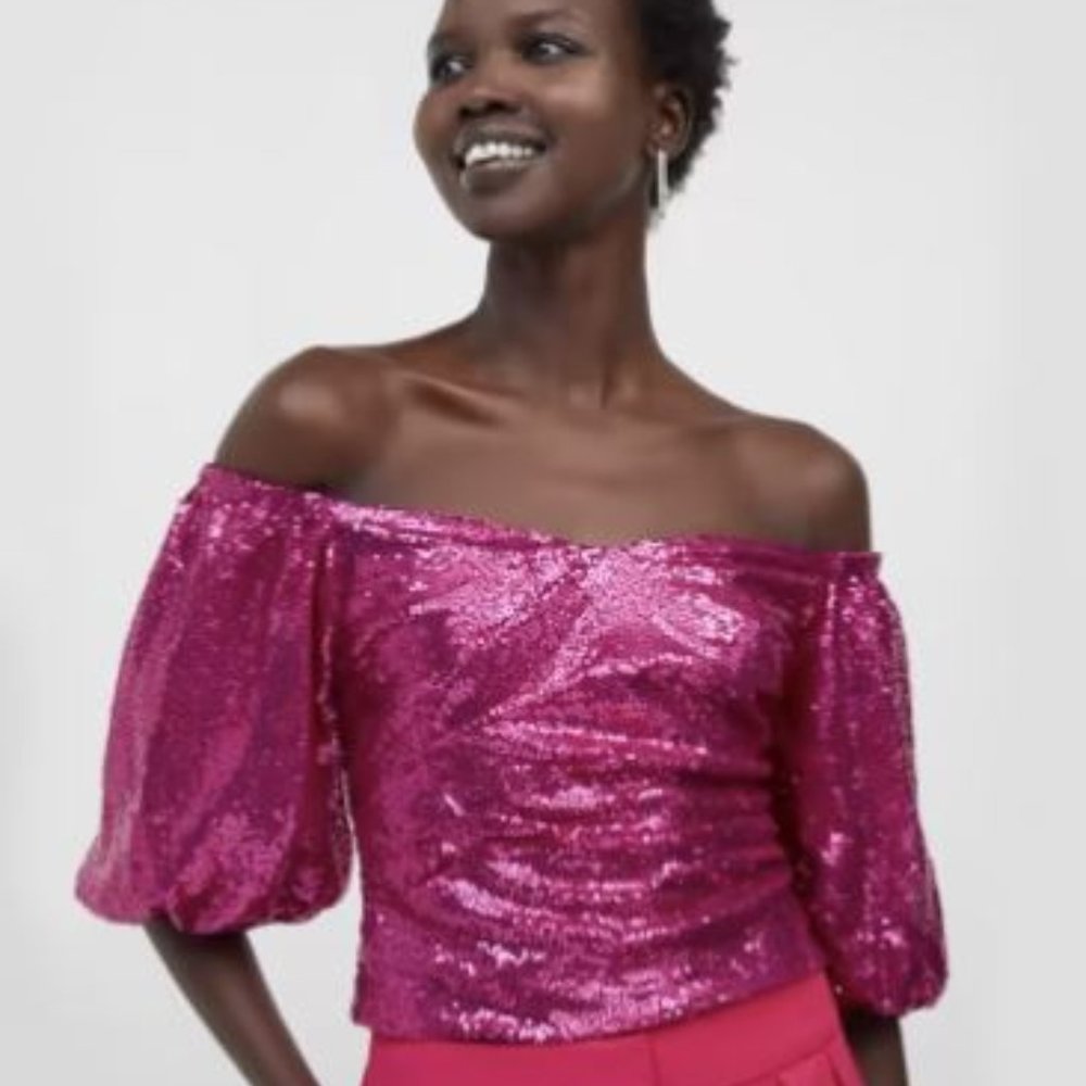 NWT NY&Co Sequin Off-The-Shoulder Puff-Sleeve Top